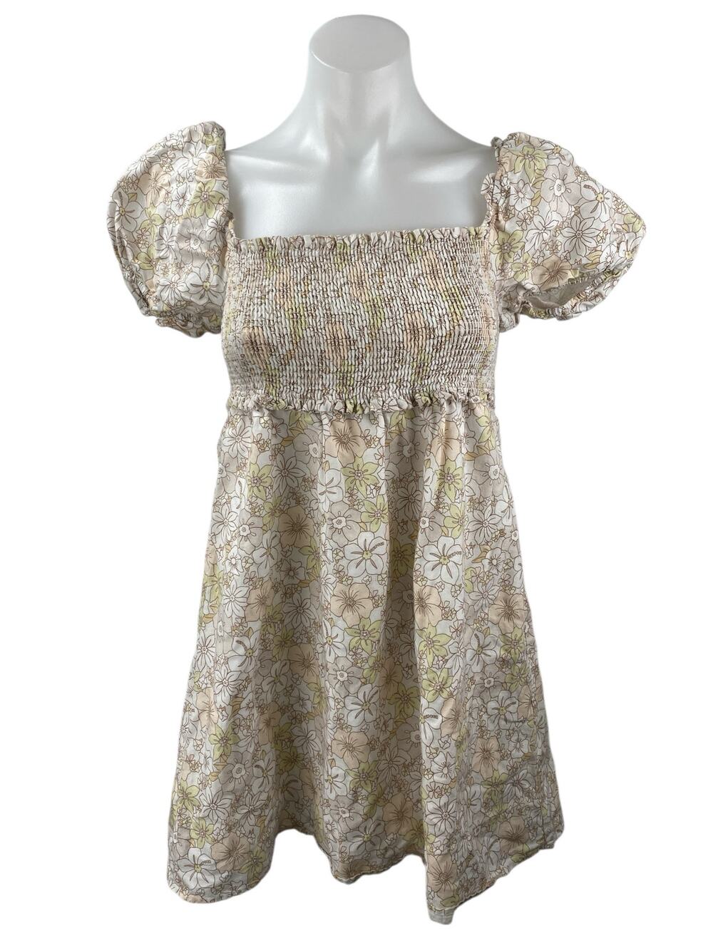 Aritzia Sunday Best Cream Floral Smocked Short Puff Sleeve Mini A-Line Dress S